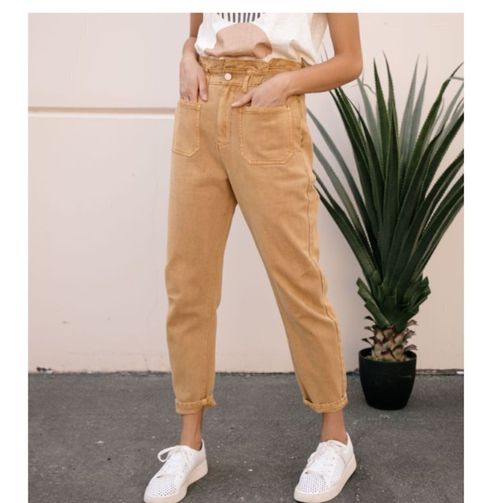 Bohme Women's Tan Straight Leg Khaki High Rise Paper Bag Pants Size Small
